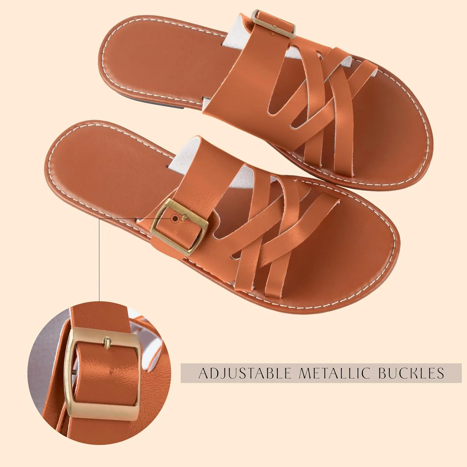 Womens Sandals Comfortable Wide Leather Crisscross Summer Square Toe Flat Slide Sandals
