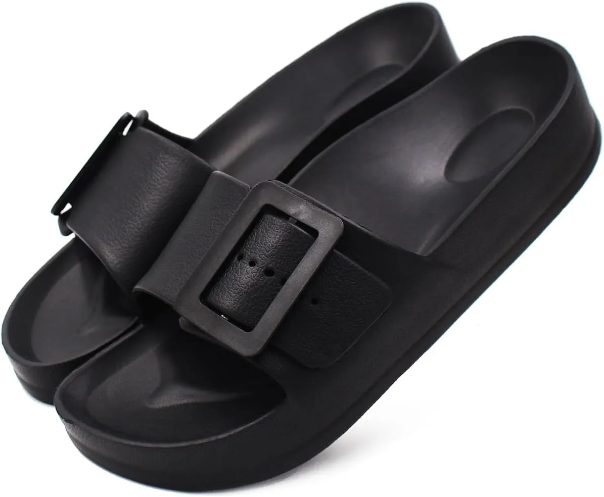Women's Sandals With Arch Support Adjustable Buckle Platform Cloud Slides Summer Lightweight Soft Slippers Non-Slip Shower Shoes