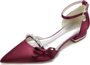 Women's Satin Crystal Wedding Flats Pump Shoes for Bride Pointed Toe Prom Evening Party Dress Flats