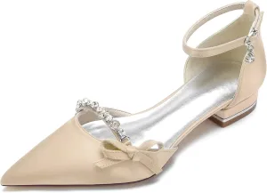 Women's Satin Crystal Wedding Flats Pump Shoes for Bride Pointed Toe Prom Evening Party Dress Flats