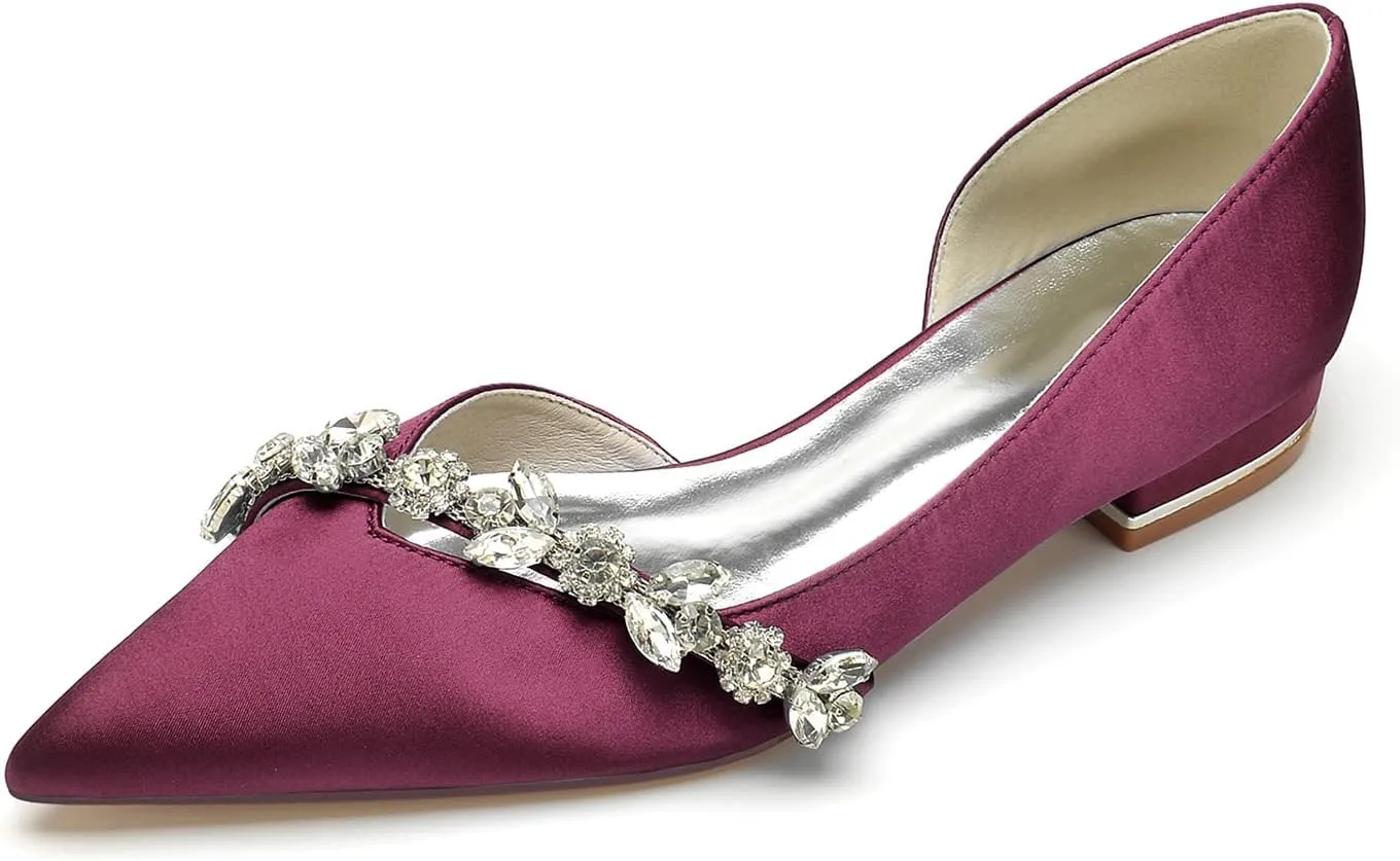 Women's Satin Wedding Flats Crystal Pointed Toe Pumps Shoes for Bride Prom Evening Party Dress Flats Sandals