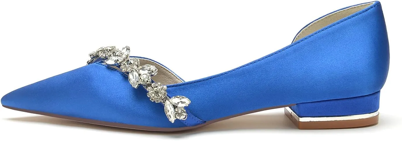 Women's Satin Wedding Flats Crystal Pointed Toe Pumps Shoes for Bride Prom Evening Party Dress Flats Sandals
