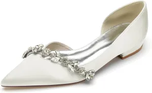 Women's Satin Wedding Flats Crystal Pointed Toe Pumps Shoes for Bride Prom Evening Party Dress Flats Sandals