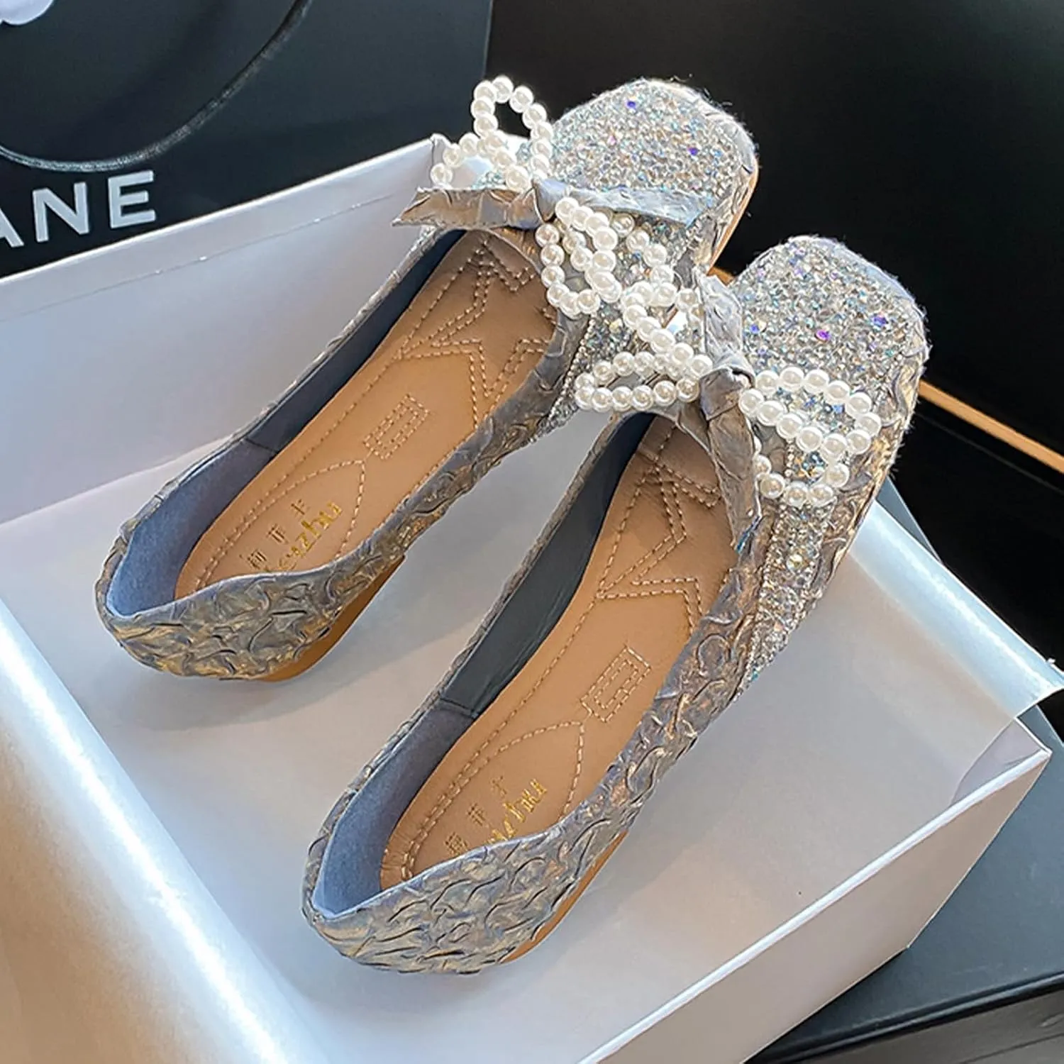 Women's Silk Pearl Bowtie Ballet Flats - Rhinestone Sparkly Slip-On Loafers Square Toe Comfortable Flats for Casual Work & Dress Occasions