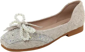 Women's Silk Pearl Bowtie Ballet Flats - Rhinestone Sparkly Slip-On Loafers Square Toe Comfortable Flats for Casual Work & Dress Occasions