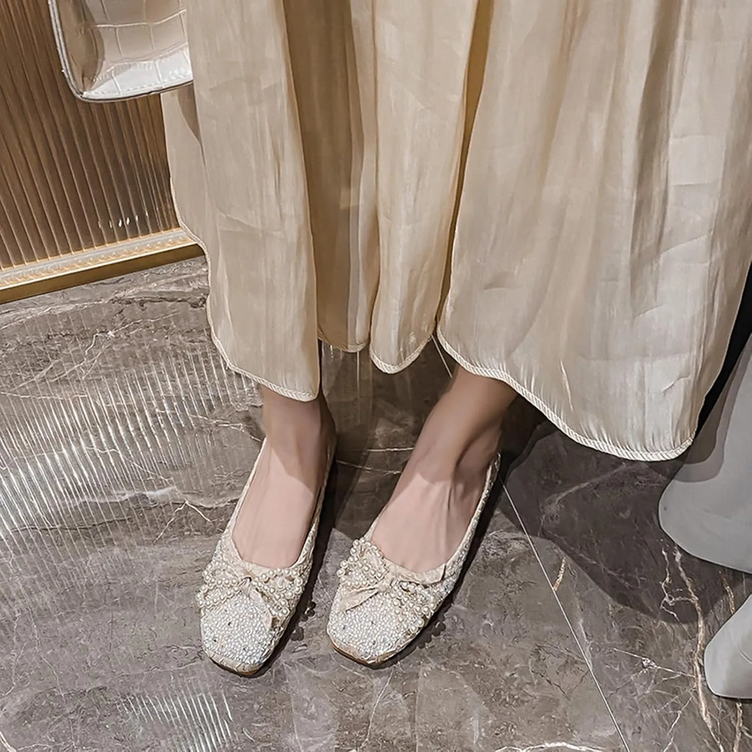 Women's Silk Pearl Bowtie Ballet Flats - Rhinestone Sparkly Slip-On Loafers Square Toe Comfortable Flats for Casual Work & Dress Occasions