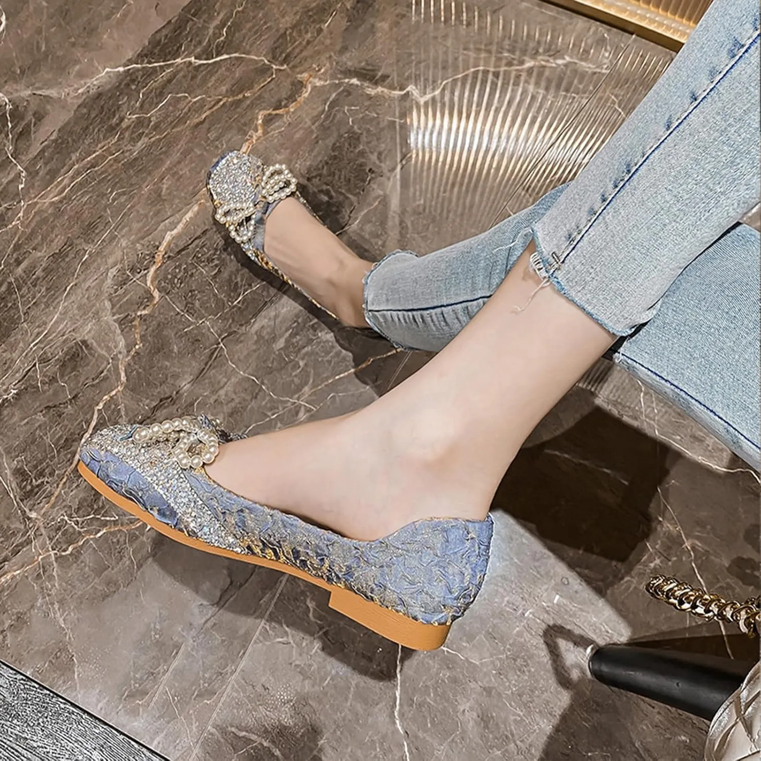 Women's Silk Pearl Bowtie Ballet Flats - Rhinestone Sparkly Slip-On Loafers Square Toe Comfortable Flats for Casual Work & Dress Occasions