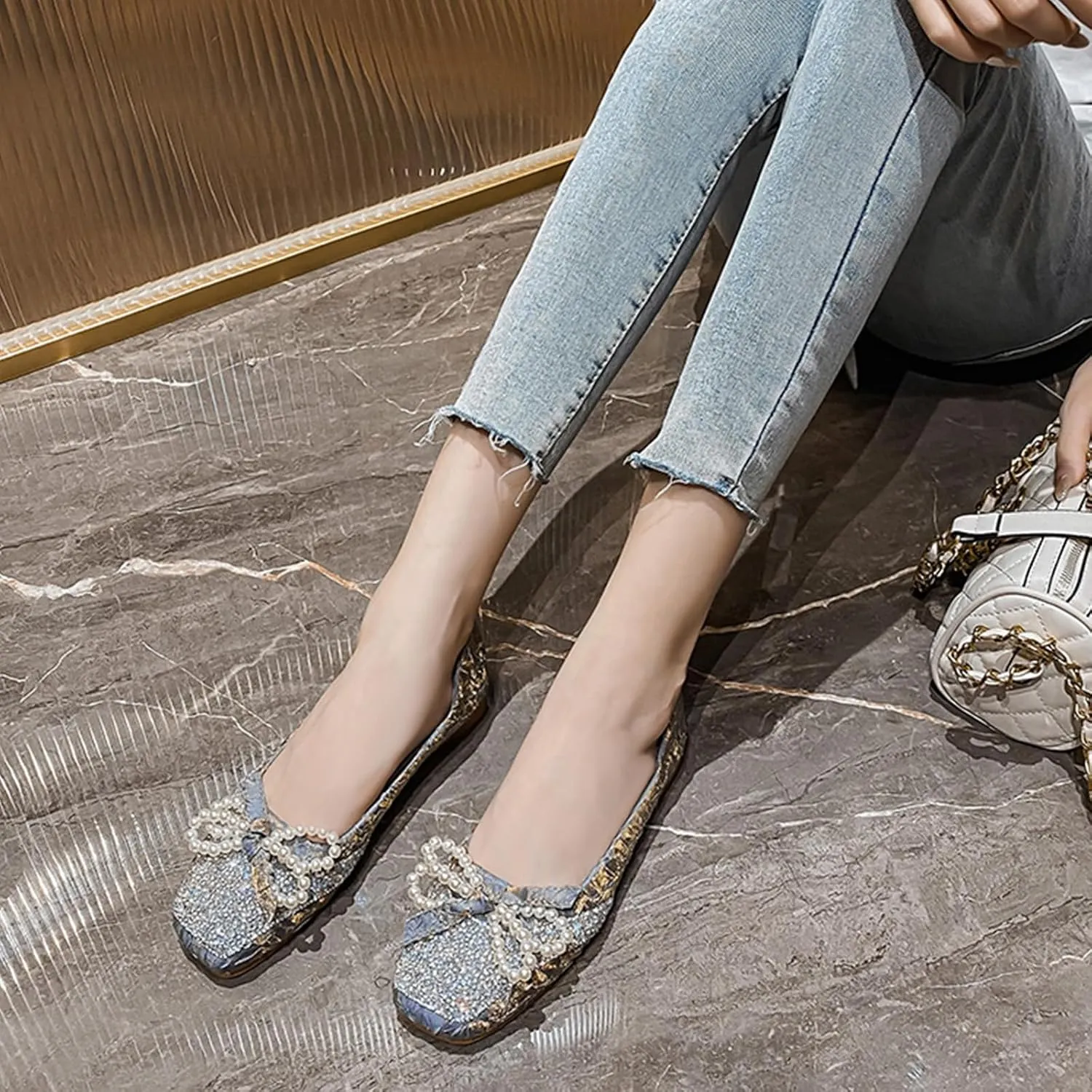 Women's Silk Pearl Bowtie Ballet Flats - Rhinestone Sparkly Slip-On Loafers Square Toe Comfortable Flats for Casual Work & Dress Occasions