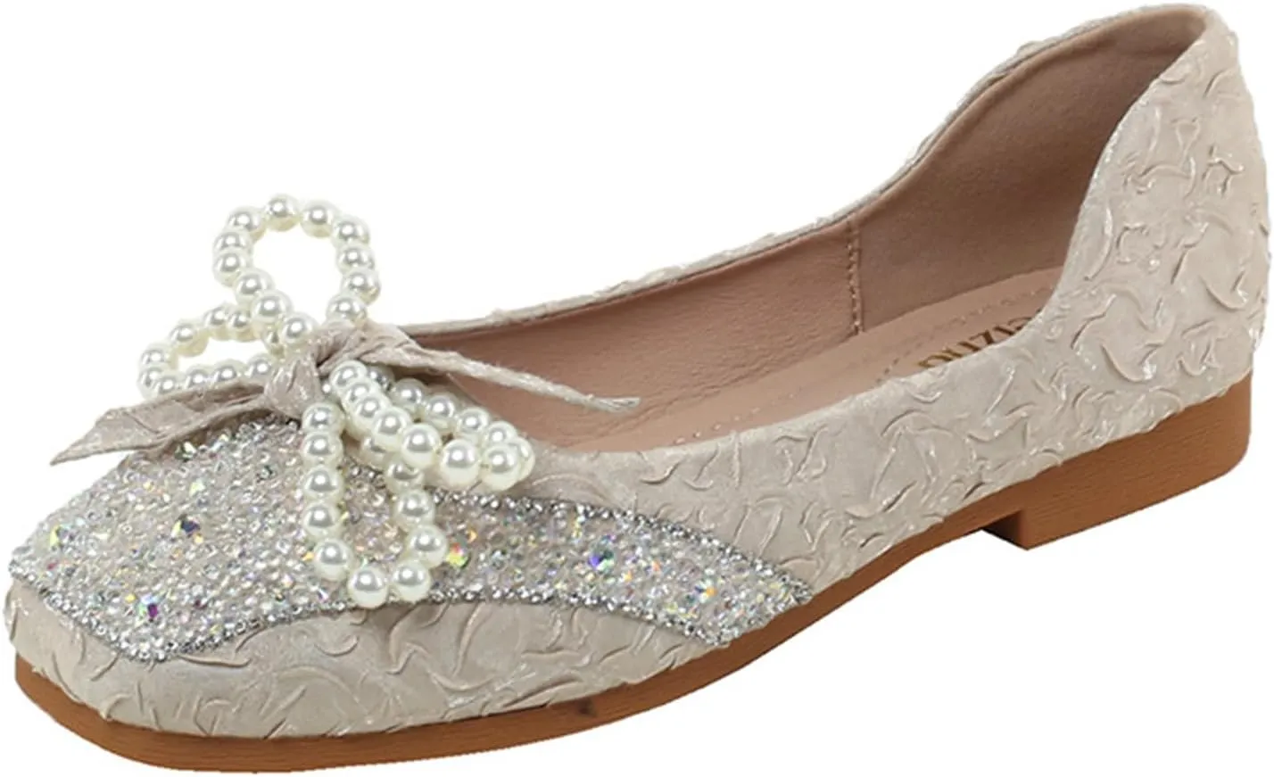 Women's Silk Pearl Bowtie Ballet Flats - Rhinestone Sparkly Slip-On Loafers Square Toe Comfortable Flats for Casual Work & Dress Occasions