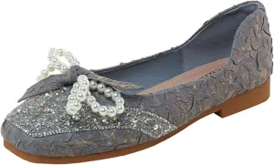 Women's Silk Pearl Bowtie Ballet Flats - Rhinestone Sparkly Slip-On Loafers Square Toe Comfortable Flats for Casual Work & Dress Occasions
