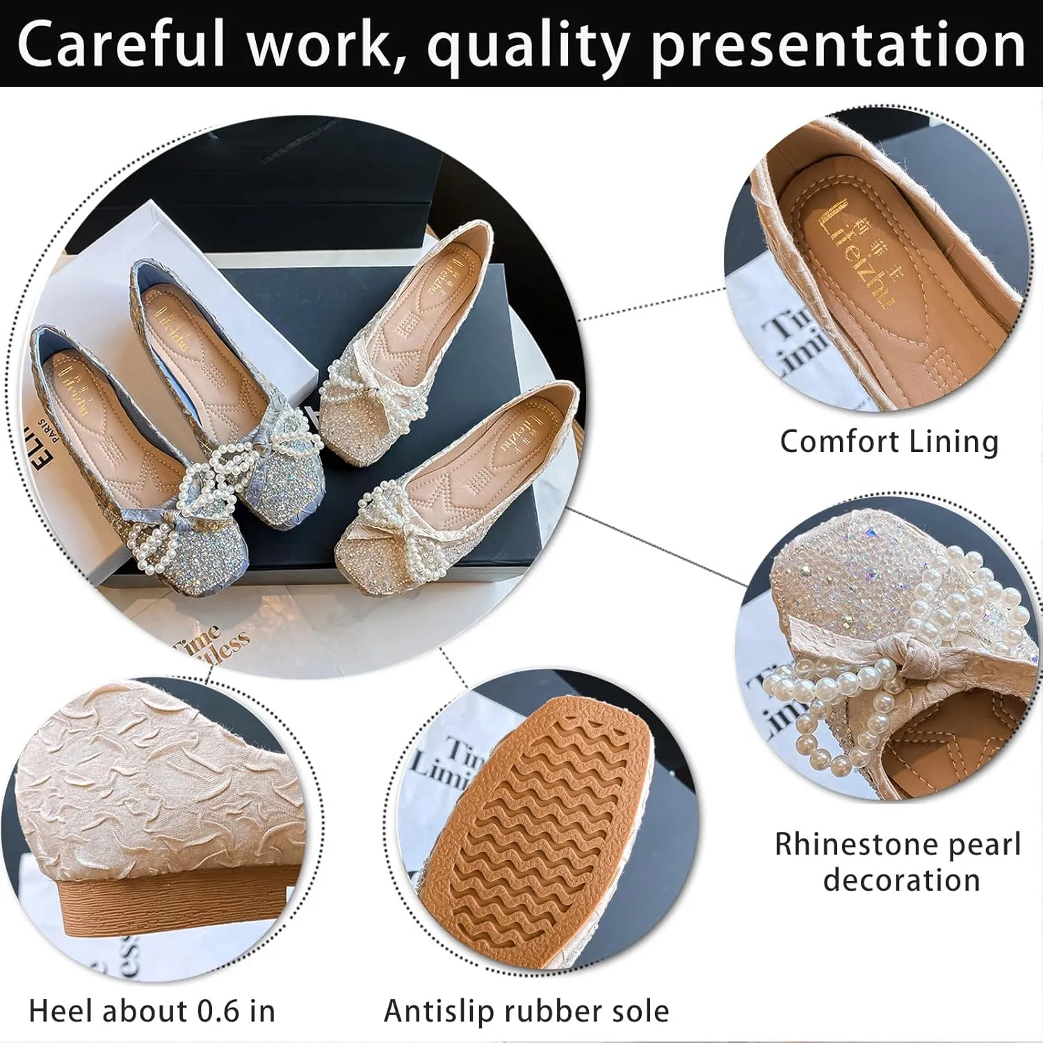 Women's Silk Pearl Bowtie Ballet Flats - Rhinestone Sparkly Slip-On Loafers Square Toe Comfortable Flats for Casual Work & Dress Occasions