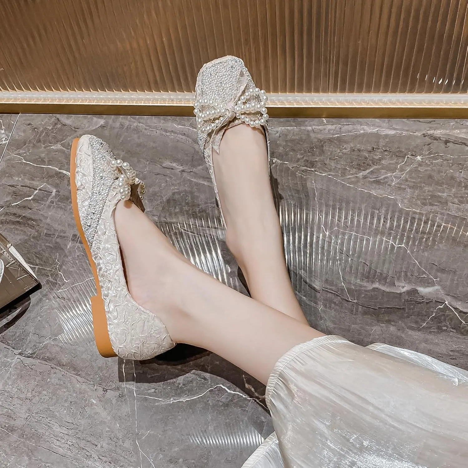 Women's Silk Pearl Bowtie Ballet Flats - Rhinestone Sparkly Slip-On Loafers Square Toe Comfortable Flats for Casual Work & Dress Occasions