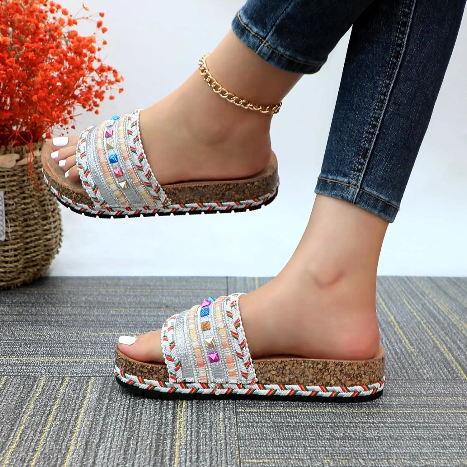 Womens Slide Sandals Cork Footbed Flat Sandals Open Toe Comfort Slip On Slippers for Summer