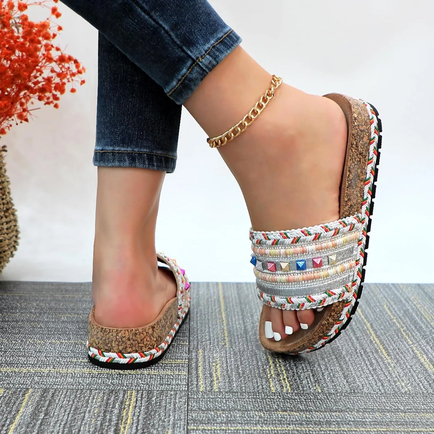 Womens Slide Sandals Cork Footbed Flat Sandals Open Toe Comfort Slip On Slippers for Summer