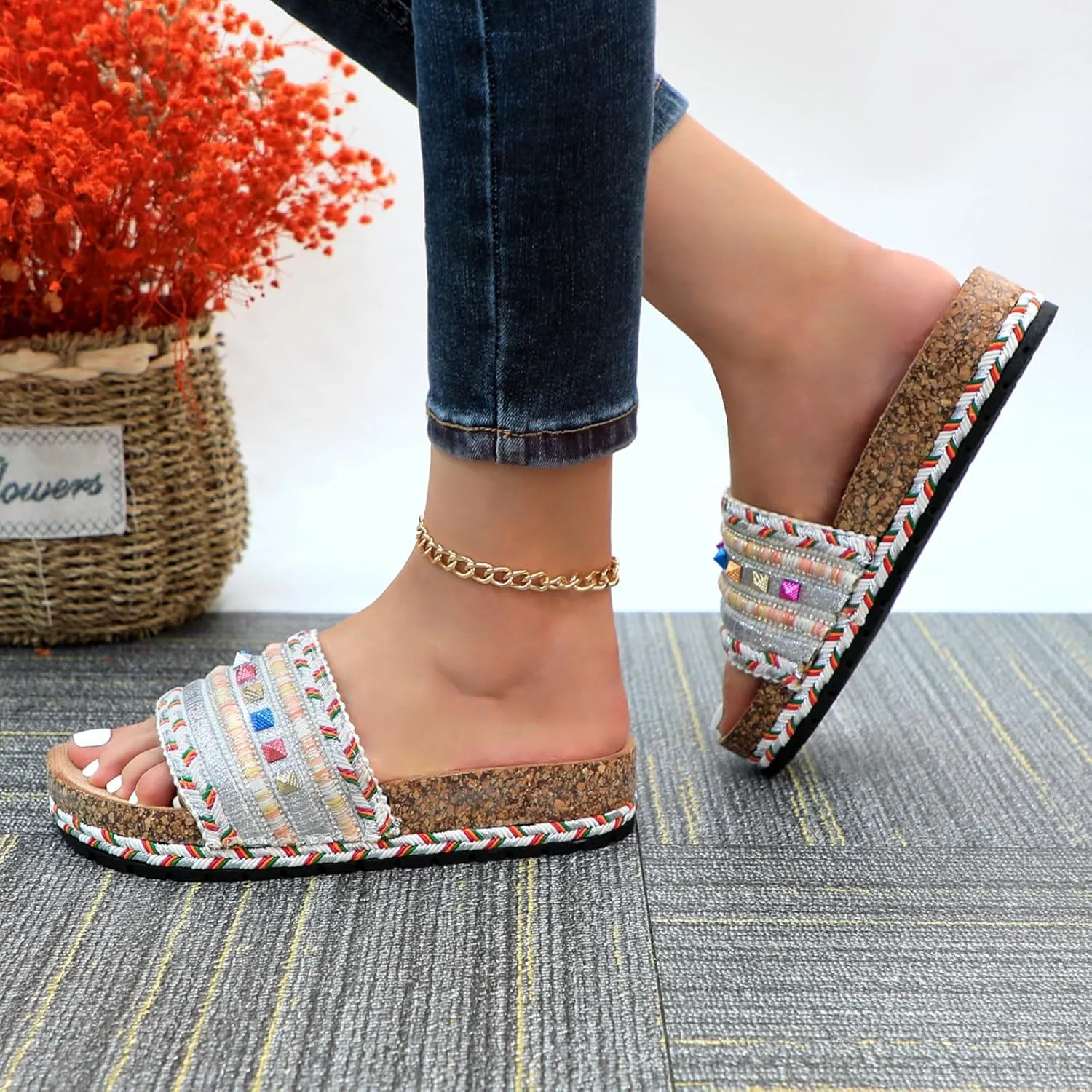 Womens Slide Sandals Cork Footbed Flat Sandals Open Toe Comfort Slip On Slippers for Summer