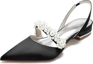 Women's Slingback Satin Wedding Flats Pearls Bridal Shoes Pointed Toe Prom Evening Bridal Party Dress Flats