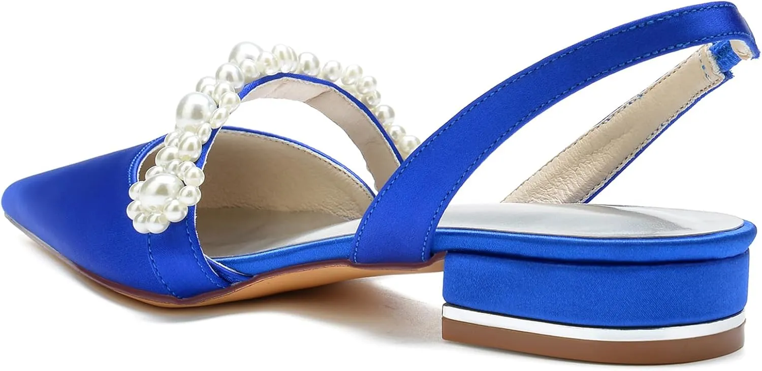 Women's Slingback Satin Wedding Flats Pearls Bridal Shoes Pointed Toe Prom Evening Bridal Party Dress Flats