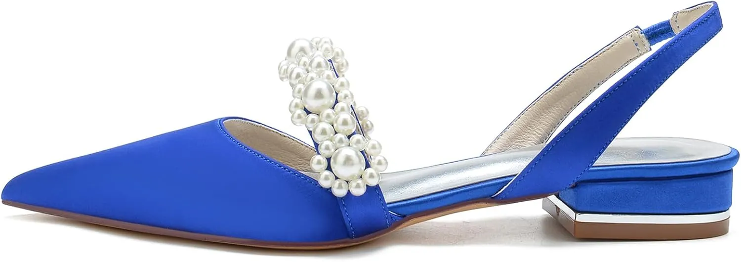 Women's Slingback Satin Wedding Flats Pearls Bridal Shoes Pointed Toe Prom Evening Bridal Party Dress Flats