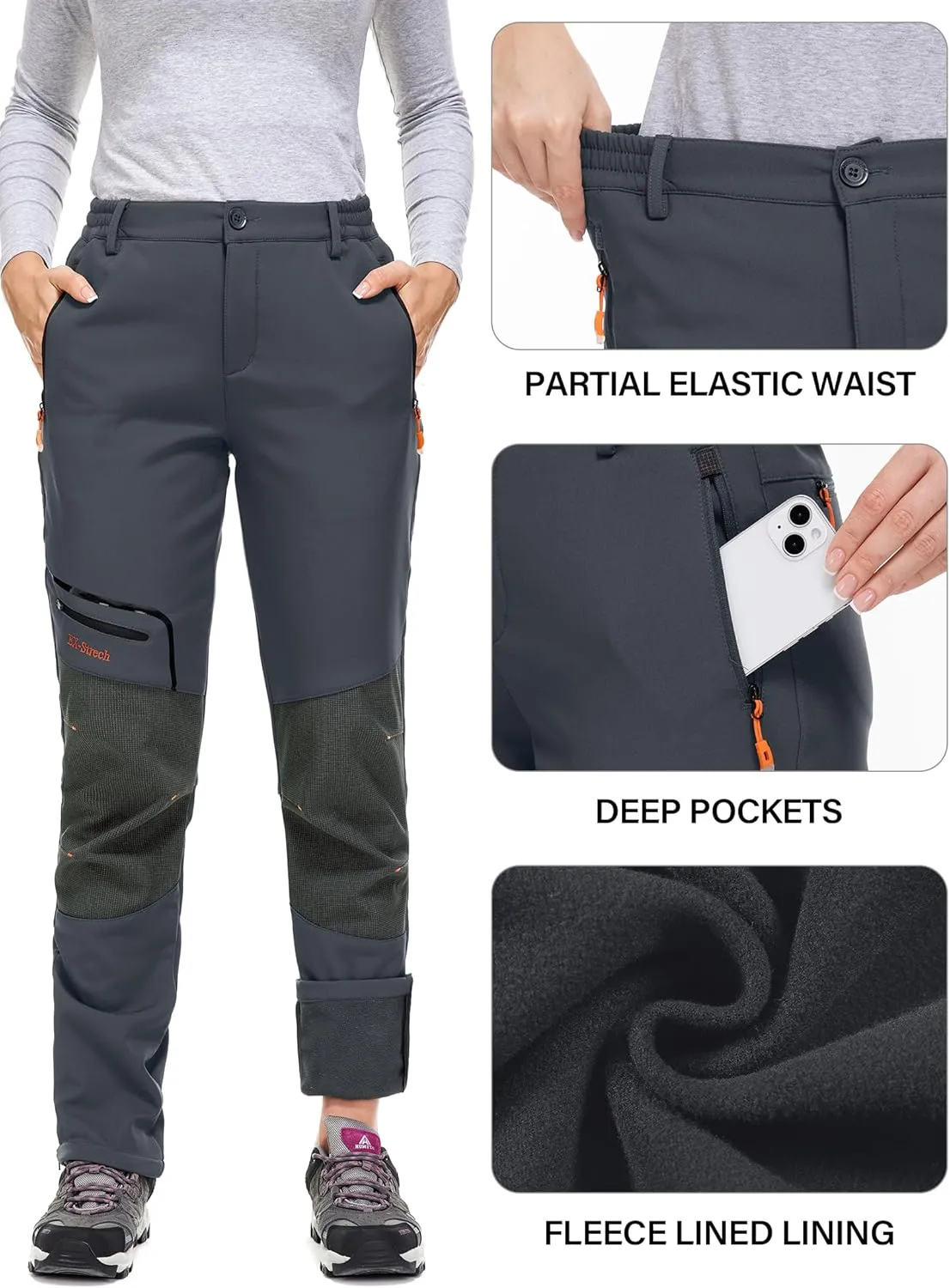 Womens Snow Ski Pants Waterproof Hiking Fleece Lined Insulated Softshell Outdoor Pants Snowboard Zipper Bottom Leg