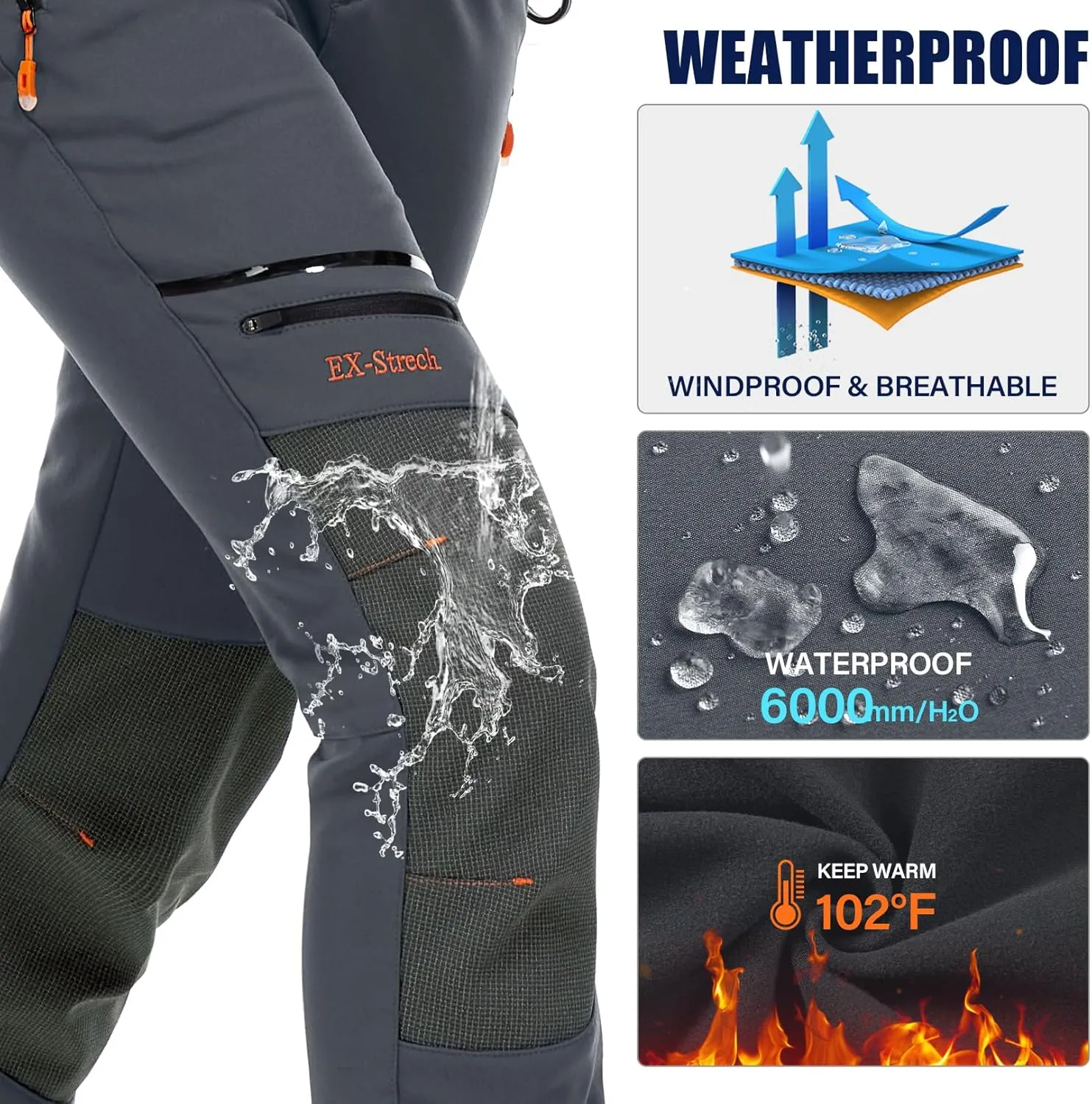 Womens Snow Ski Pants Waterproof Hiking Fleece Lined Insulated Softshell Outdoor Pants Snowboard Zipper Bottom Leg
