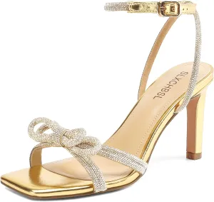 Women's Square Toe Rhinestone Sandals Adjustable Ankle Strappy and Double Bowknots High Heels 3 Inches Bridal Wedding Party prom Slingback Heels sparkly Comfort Shoes for Women