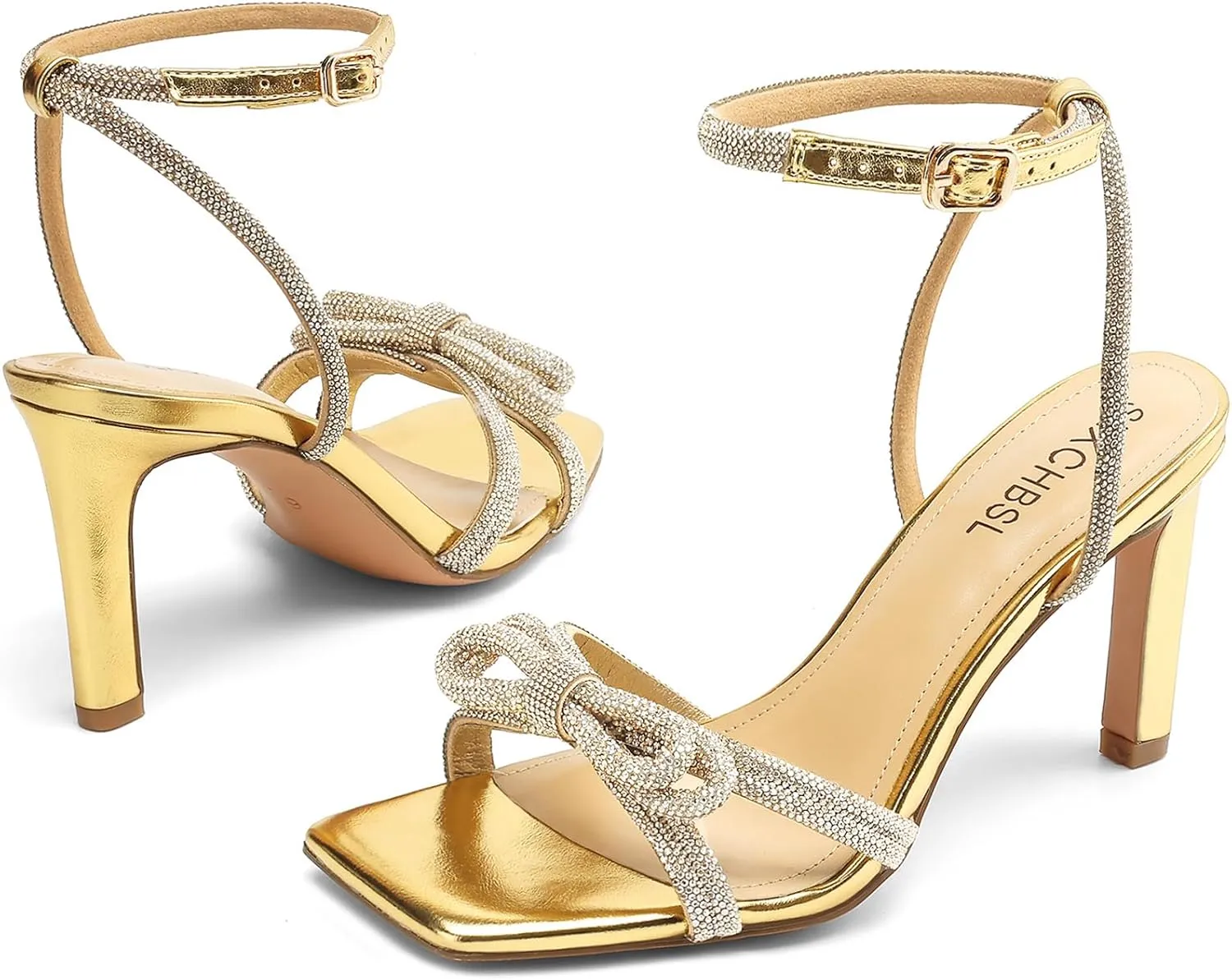 Women's Square Toe Rhinestone Sandals Adjustable Ankle Strappy and Double Bowknots High Heels 3 Inches Bridal Wedding Party prom Slingback Heels sparkly Comfort Shoes for Women
