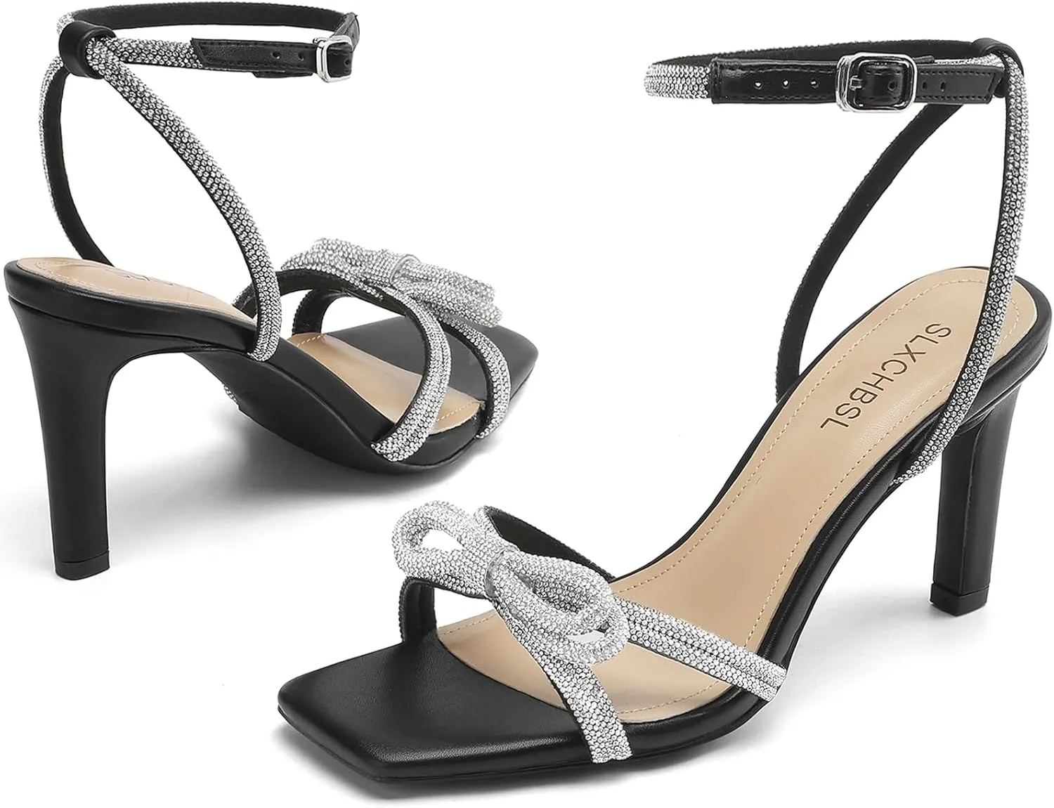 Women's Square Toe Rhinestone Sandals Adjustable Ankle Strappy and Double Bowknots High Heels 3 Inches Bridal Wedding Party prom Slingback Heels sparkly Comfort Shoes for Women