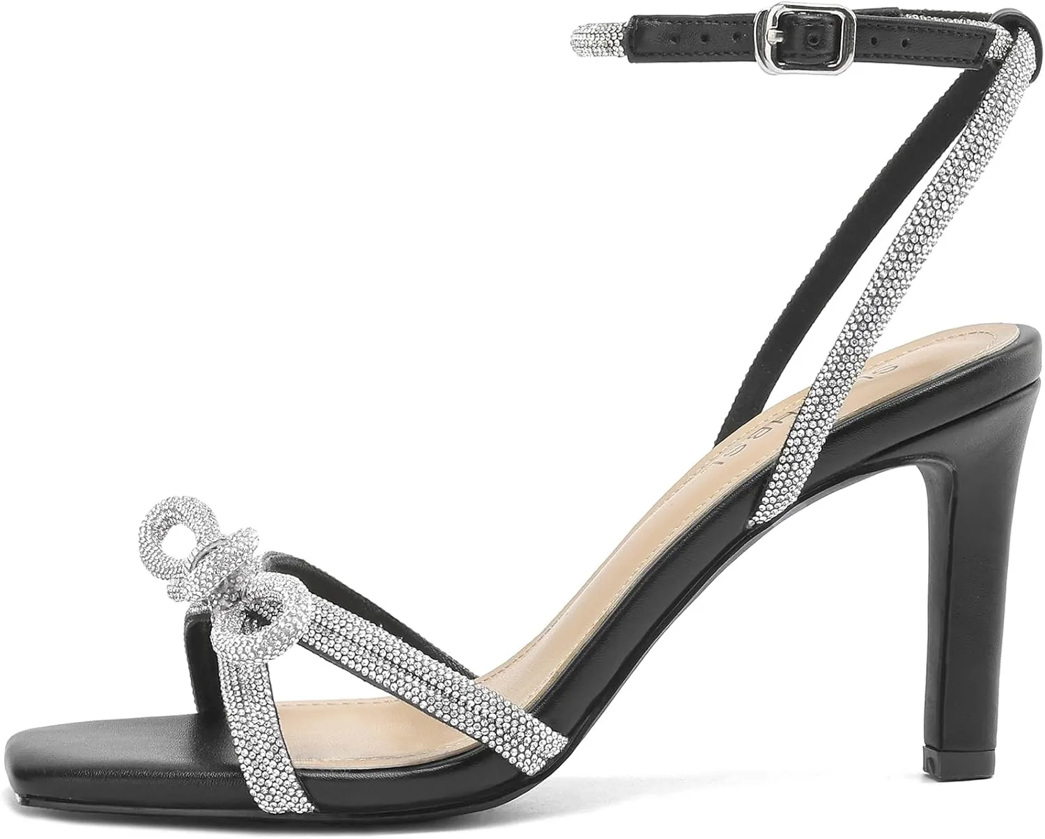 Women's Square Toe Rhinestone Sandals Adjustable Ankle Strappy and Double Bowknots High Heels 3 Inches Bridal Wedding Party prom Slingback Heels sparkly Comfort Shoes for Women