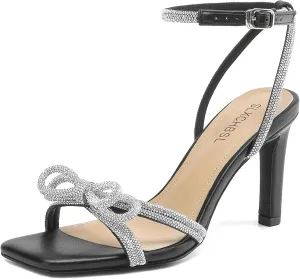 Women's Square Toe Rhinestone Sandals Adjustable Ankle Strappy and Double Bowknots High Heels 3 Inches Bridal Wedding Party prom Slingback Heels sparkly Comfort Shoes for Women