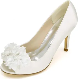 Women's Stiletto High Heels - Lace Satin Slip-On Open Toe Pumps for Classic Wedding & Party Dress Shoes