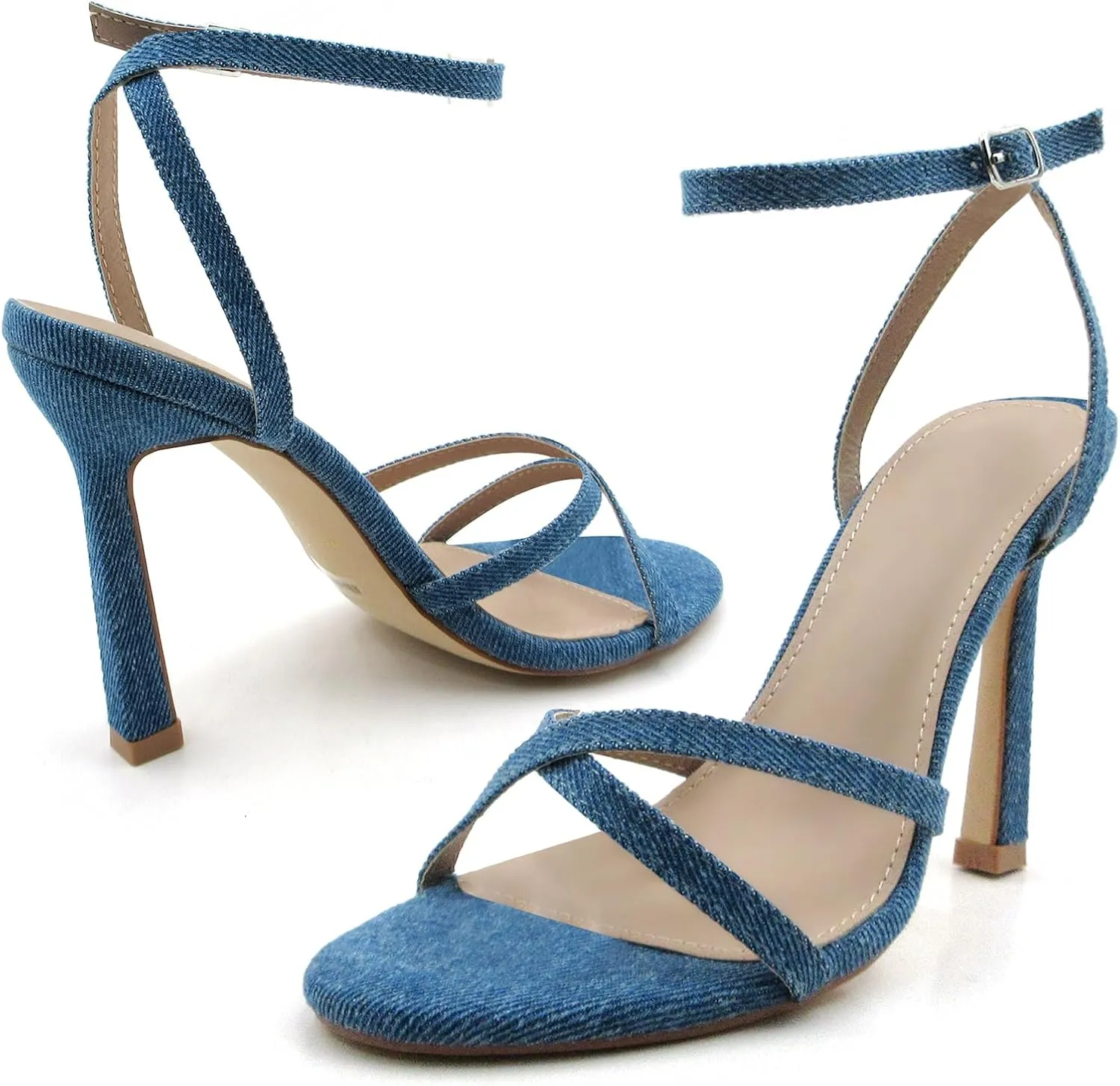 Women's Strappy High Heels Open Toe Stilettos Heeled Sandals with Ankle Strap Denim Party Daily Wedding Wear