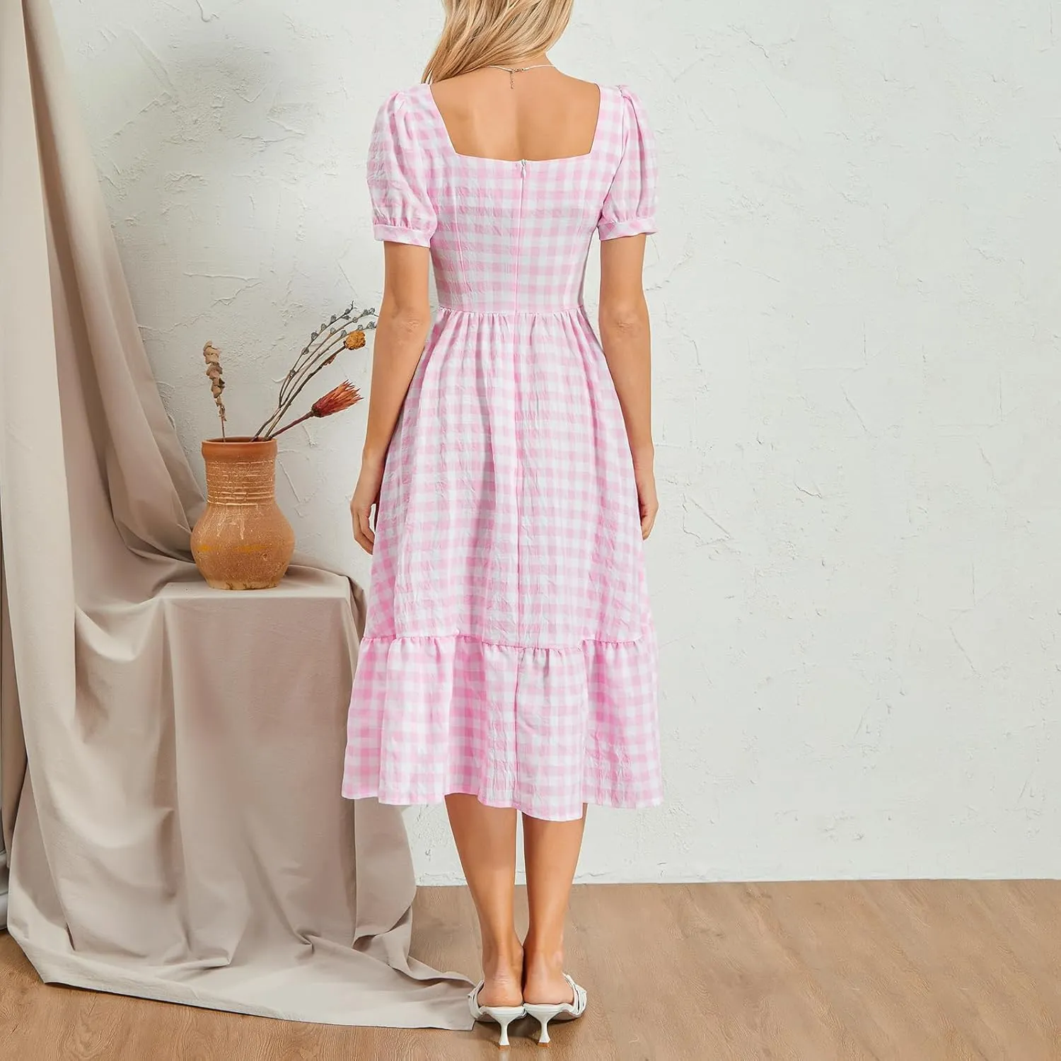 Women‘s Summer Plaid Dress Plaid Square Neck Short Puff Sleeve Big Swing Beach Dress