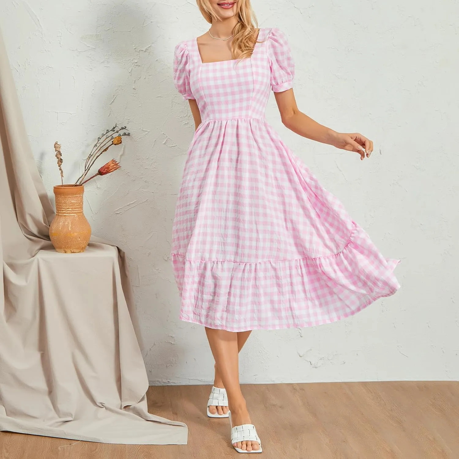 Women‘s Summer Plaid Dress Plaid Square Neck Short Puff Sleeve Big Swing Beach Dress