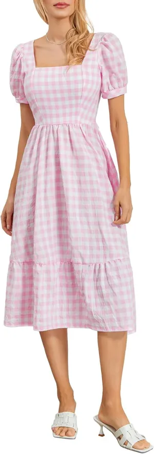 Women‘s Summer Plaid Dress Plaid Square Neck Short Puff Sleeve Big Swing Beach Dress