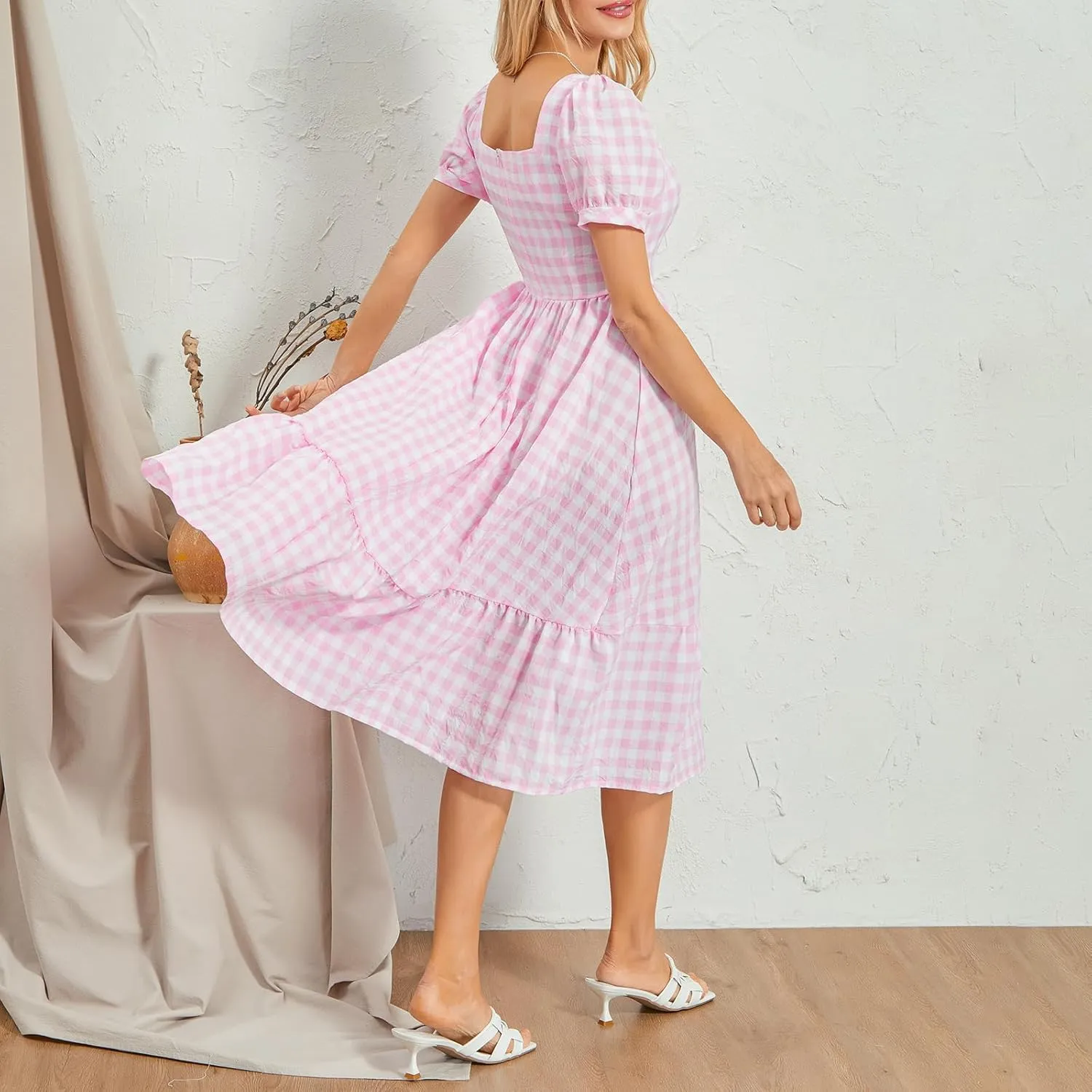 Women‘s Summer Plaid Dress Plaid Square Neck Short Puff Sleeve Big Swing Beach Dress