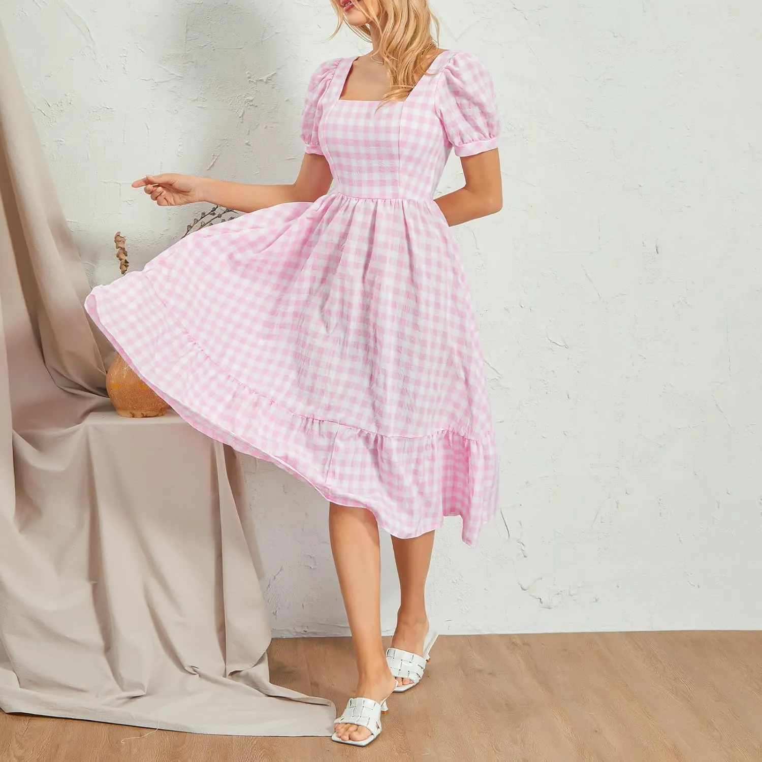 Women‘s Summer Plaid Dress Plaid Square Neck Short Puff Sleeve Big Swing Beach Dress