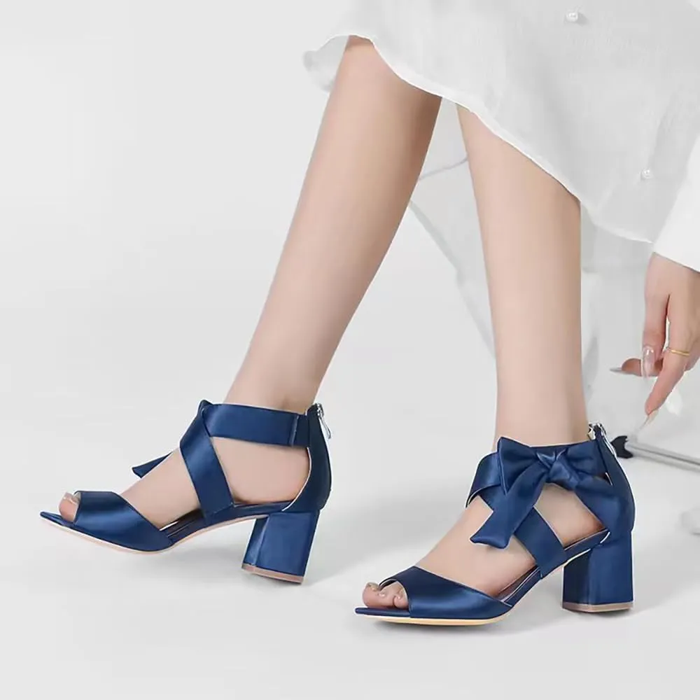 Women's Thick Heel Sandals Satin Evening Dress Shoes with Soft Bowknot