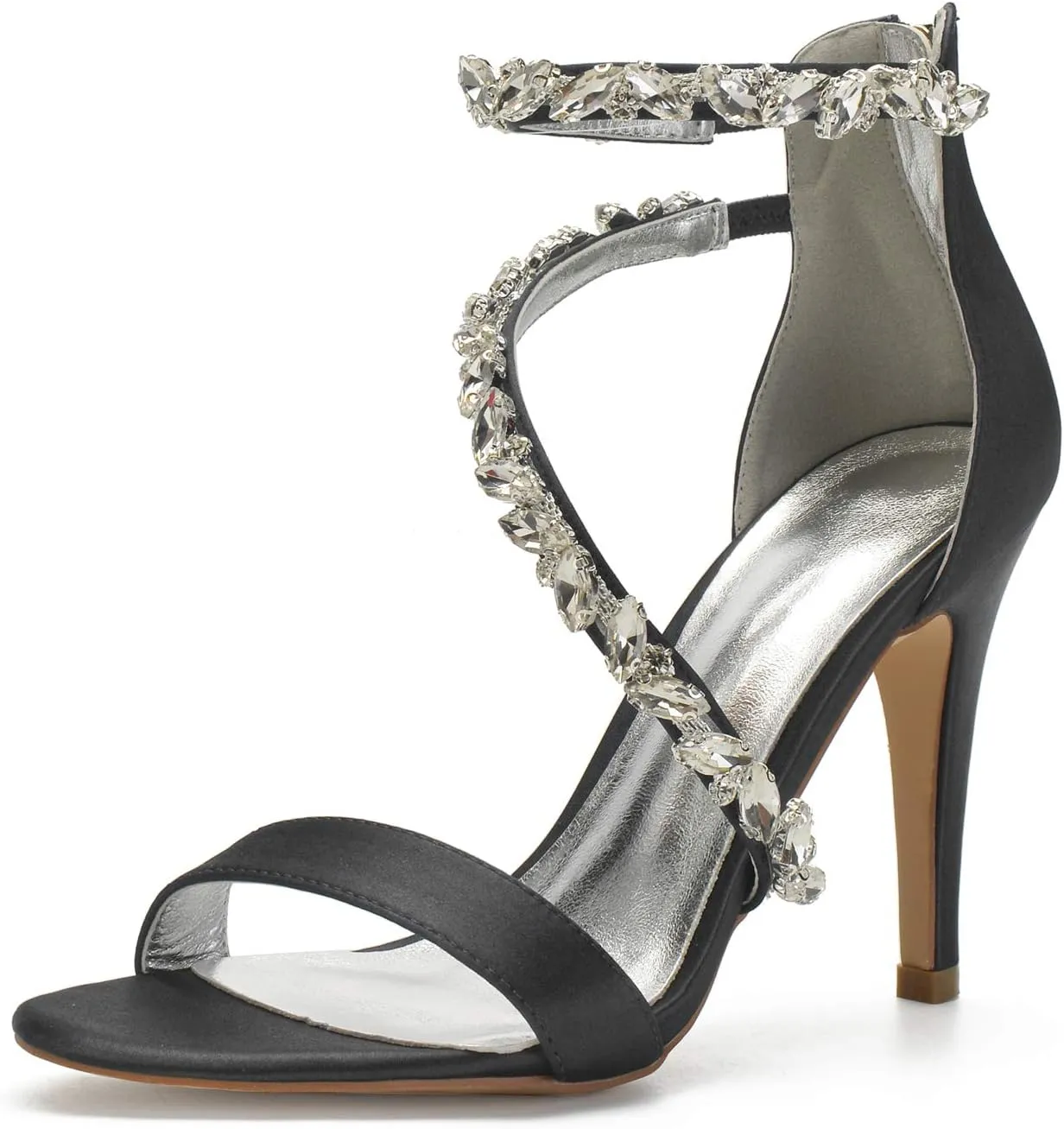 Women's Wedding Bridal Satin Heels Sandals Mid Heels Ankle Strap Crystal Zipper Back Formal Evening Prom Party Dress Shoes Pumps