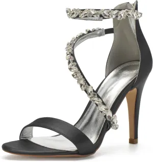 Women's Wedding Bridal Satin Heels Sandals Mid Heels Ankle Strap Crystal Zipper Back Formal Evening Prom Party Dress Shoes Pumps