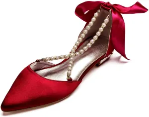 Women's Wedding Flats with Pointed Toe & Pearls Mary Jane Bridal Shoes with Buckle, Satin Perfect for Evening Parties, Proms, & Dressy Occasions