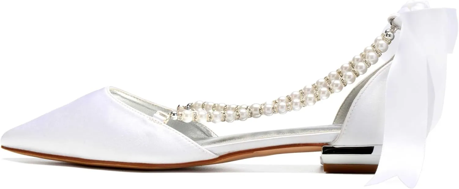 Women's Wedding Flats with Pointed Toe & Pearls Mary Jane Bridal Shoes with Buckle, Satin Perfect for Evening Parties, Proms, & Dressy Occasions