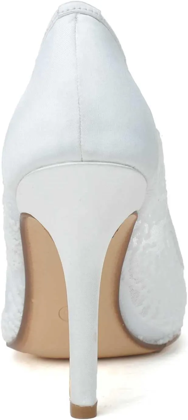 Women's Wedding Shoes Closed Toe 3.74 Inches Stiletto Heel Lace Satin Pumps with High Heel Imitation Lace Bridal Shoes
