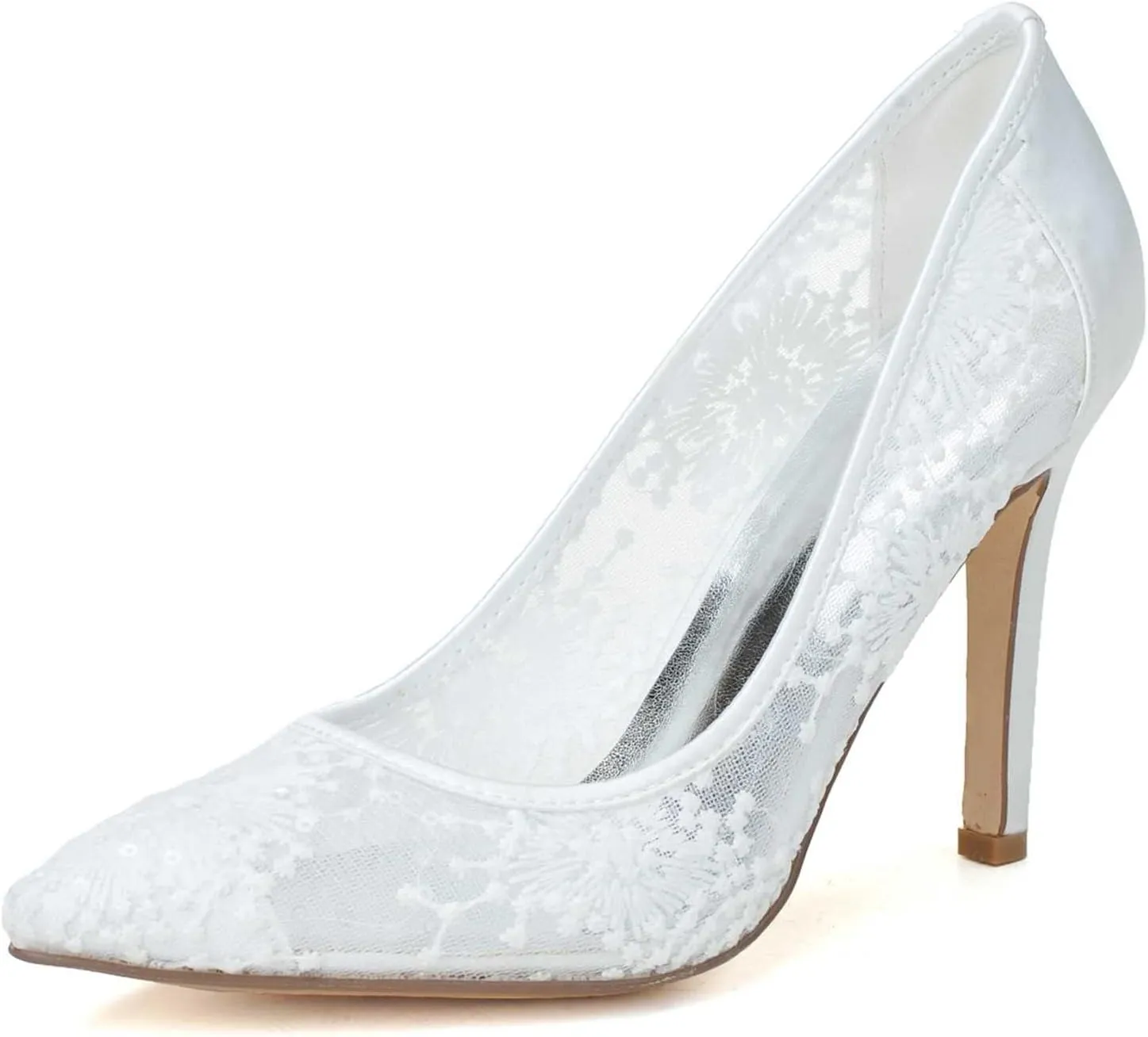 Women's Wedding Shoes Closed Toe 3.74 Inches Stiletto Heel Lace Satin Pumps with High Heel Imitation Lace Bridal Shoes