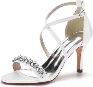 Womens Wedding Shoes Heels for Women Open Toe Buckle Ankle Strap Kitten Heels for Women Pump Block Sandals 3.34 inches Silver Black White Nude for Party Wedding(White,8.5)