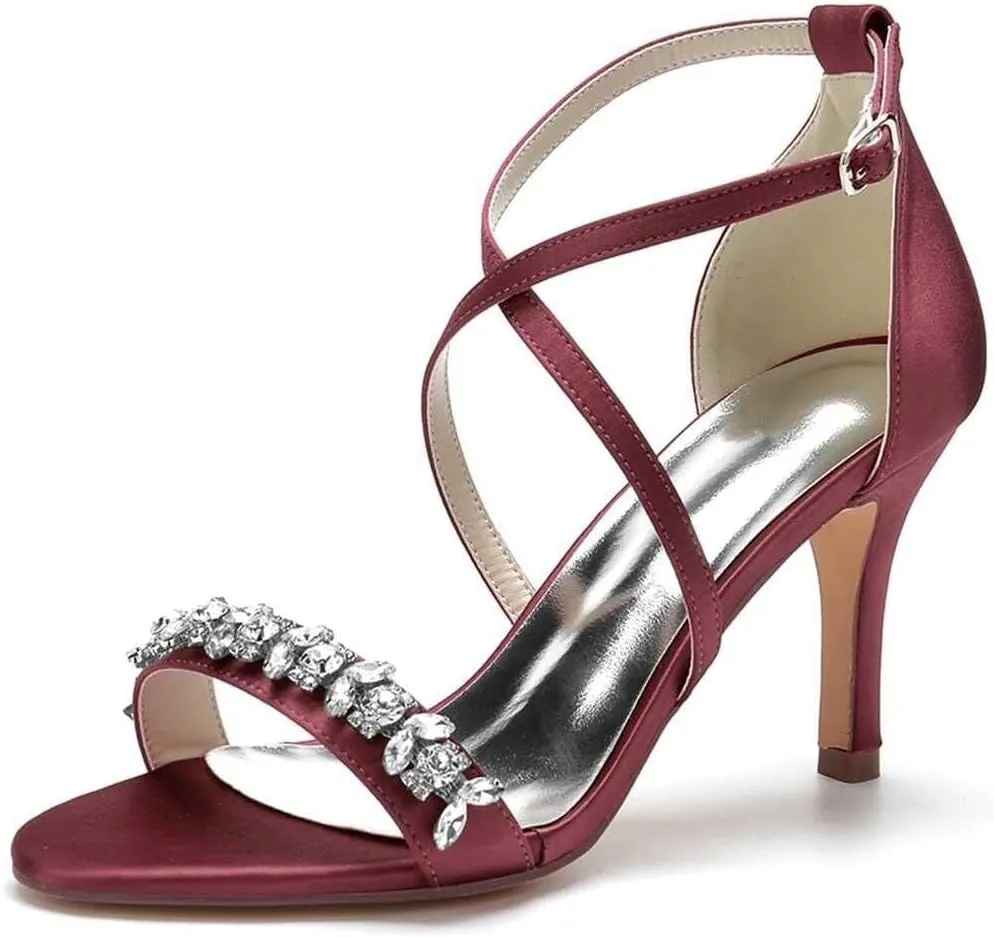 Womens Wedding Shoes Heels for Women Open Toe Buckle Ankle Strap Kitten Heels for Women Pump Block Sandals 3.34 inches Silver Black White Nude for Party Wedding(Wine red,8)
