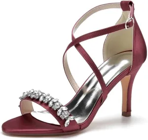 Womens Wedding Shoes Heels for Women Open Toe Buckle Ankle Strap Kitten Heels for Women Pump Block Sandals 3.34 inches Silver Black White Nude for Party Wedding(Wine red,8)