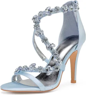Womens Wedding Shoes Women's 4.13" Kitten Heel Sandals | Open Toe with Ankle Zipper & Rhinestone Accents | Perfect for Summer Dresses & Casual Outfits(Sky Blue,8)