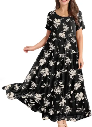 YESNO Women Casual Loose Bohemian Floral Dress with Pockets Short Sleeve Long Maxi Summer Beach Swing Dress EJF