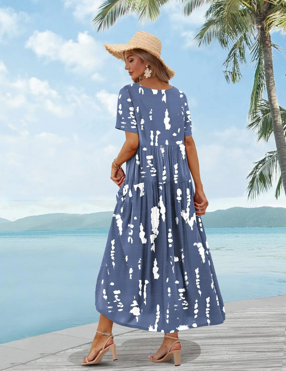 YESNO Women Casual Loose Bohemian Floral Dress with Pockets Short Sleeve Long Maxi Summer Beach Swing Dress EJF