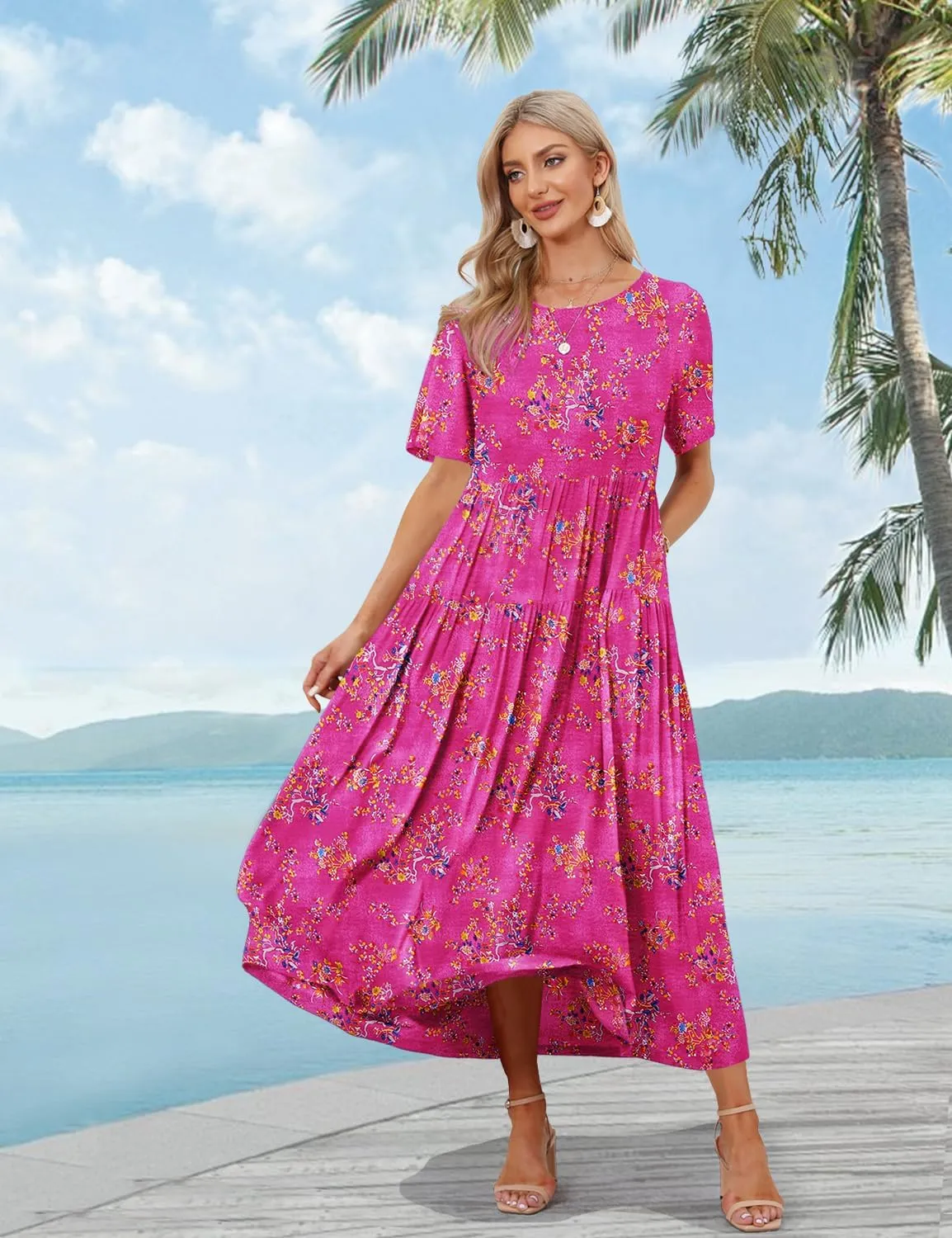 YESNO Women Casual Loose Bohemian Floral Dress with Pockets Short Sleeve Long Maxi Summer Beach Swing Dress EJF